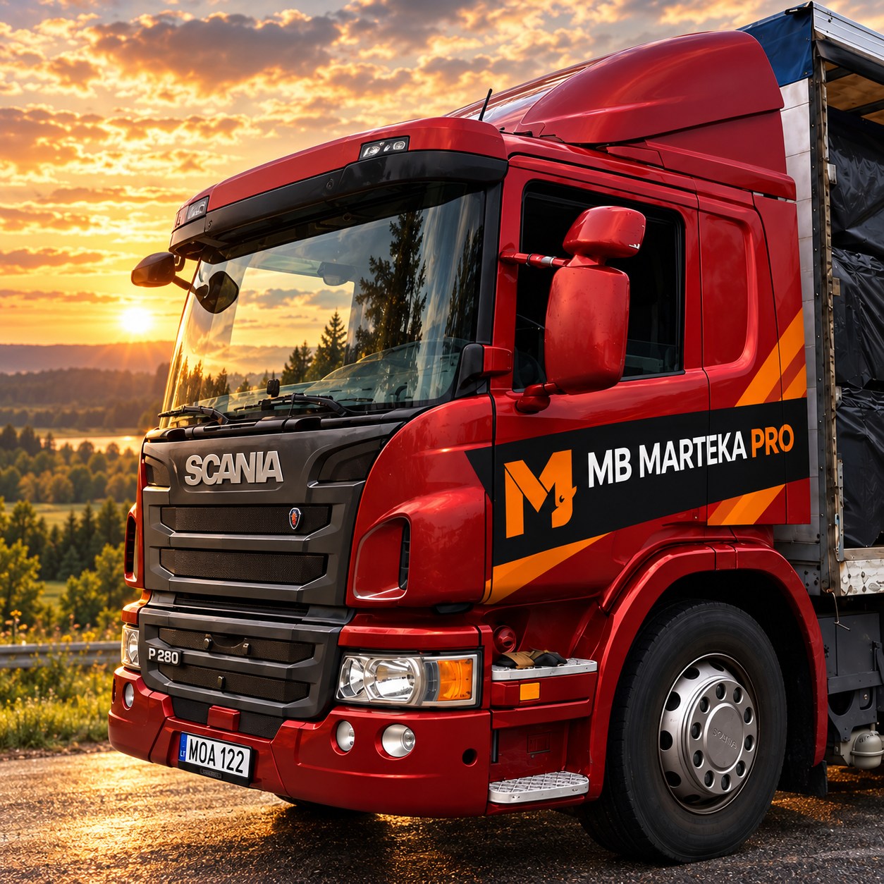 Raudonos Scania kabinos priekis gamtos fone